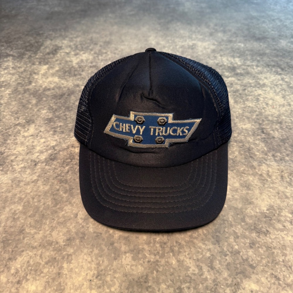 VTG Chevy Trucks Trucker Hat Snapback Navy Blue Mesh Cap Bolt Bowtie Patch 80s